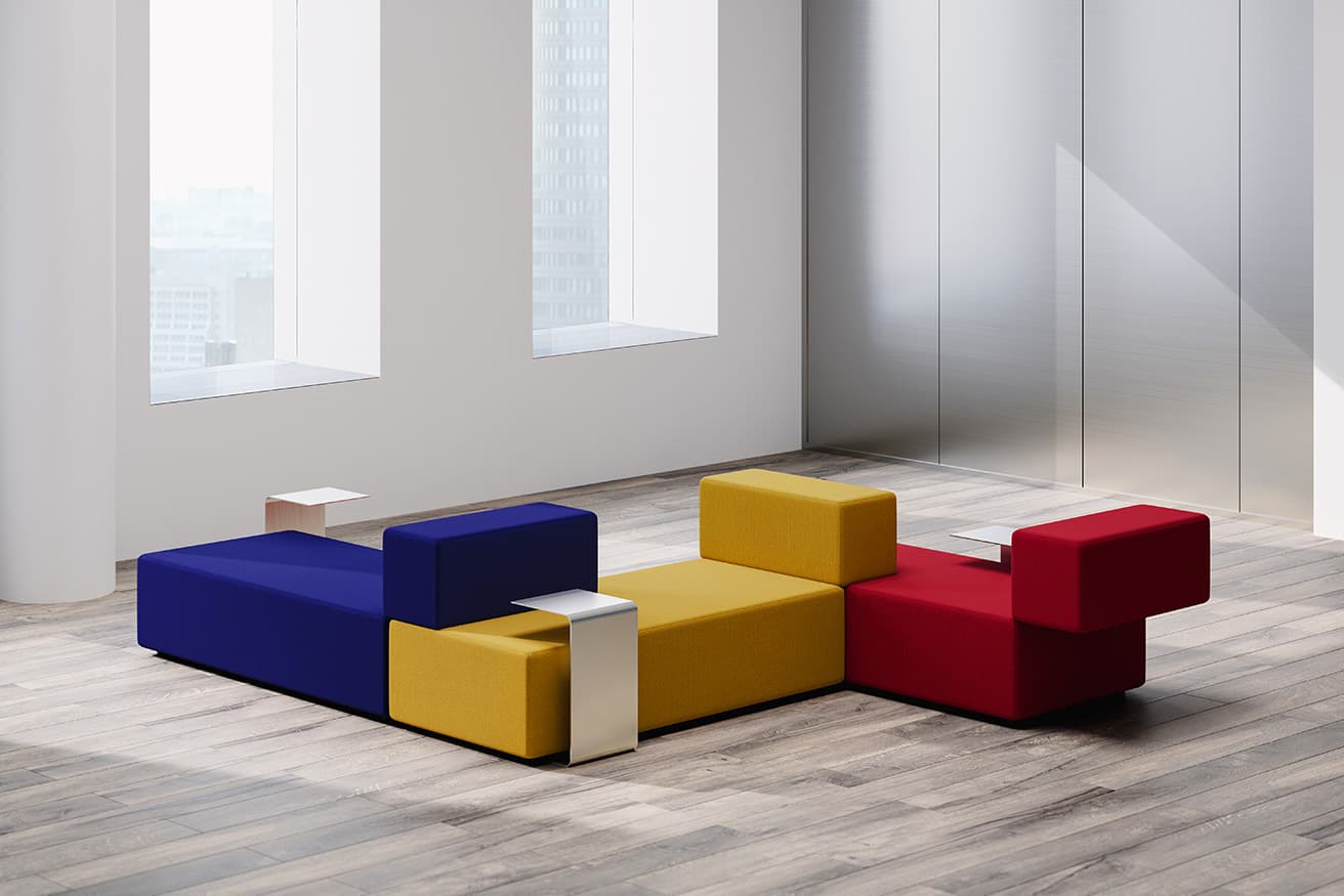 複数のソファを縦横に自由にレイアウトすることで、さまざまな座り方と使い方を演出する。
