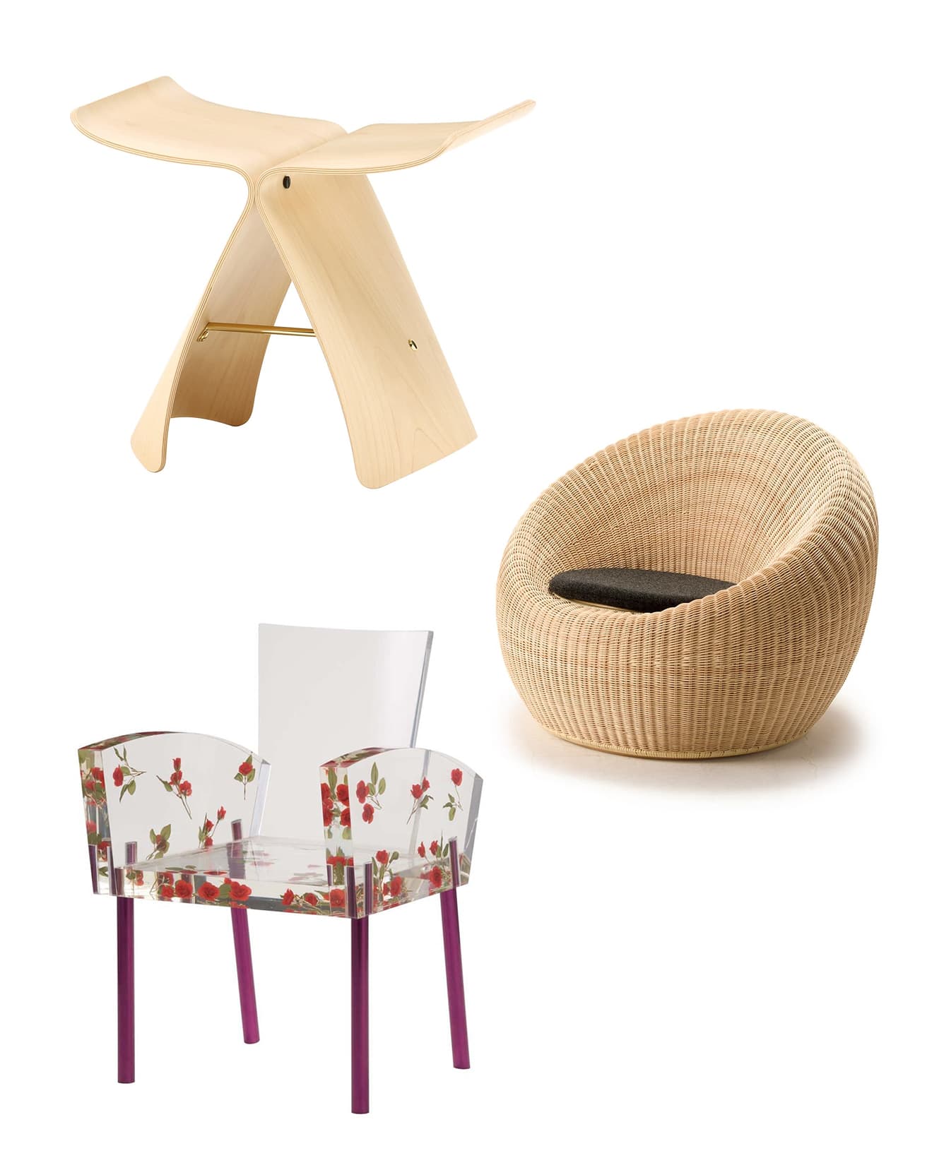 (写真上)柳宗理の《バタフライスツール》、(写真中)剣持勇の《アームレスチェア》、(写真下)倉俣史朗の《ミスブランチ》。