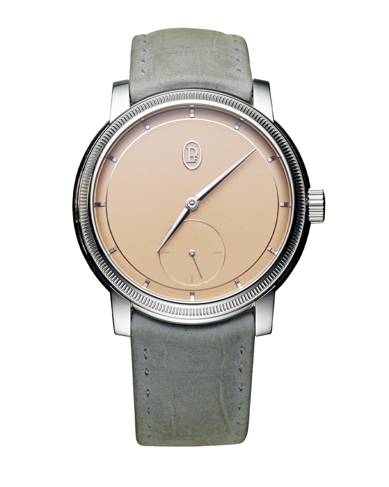 《TORIC PETITE SECONDE 》トリック プティ・セコンド 8,547,000円/ムーブメント:手巻きキャリバーPF780、ケース:プラチナ950、径40.6mm、厚さ8.8mm。ダイヤル:18Kホワイトゴールド製、インデックス:ロジウムプレート18Kゴールド、ストラップ:アリゲーターレザー。パワーリザーブ60時間。30m防水。(パルミジャーニ・フルリエ)。